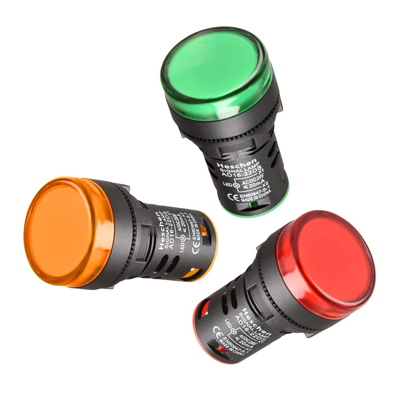 Heschen 22mm LED Indicator Light AD16-22D/S 24V DC 20mA Red/Green/Yellow Pack of 3