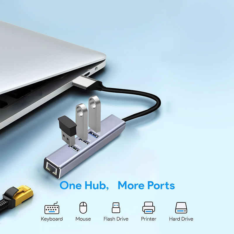 USB to Ethernet Adapter 3-Port USB Hub with RJ45 Ethernet Support Windows, Mac OS, Surface Pro, Linux, Chromebook and More A