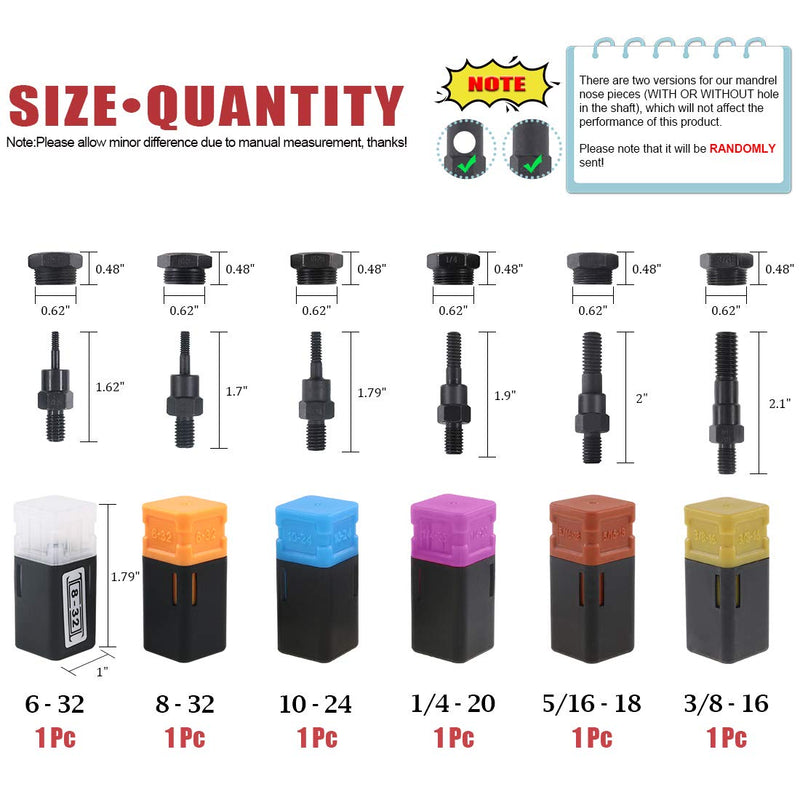 Hilitchi Assorted 6PCS SAE Rivet Nut Gun Mandrel and Nose Piece Riveter Tip Spare Part 6-32 8-32 10-24 1/4-20 5/16-18 3/8-16