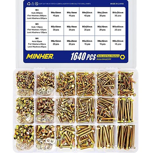 MINHER 1640PCS M4 M5 M6 Bolts and Nuts Assortment Kit Grade 8.8 Alloy Steel Hex Screws Nuts & Washers,Includes 15 Regular Sizes (Large Box) M4, M5, M6 (1640PCS)