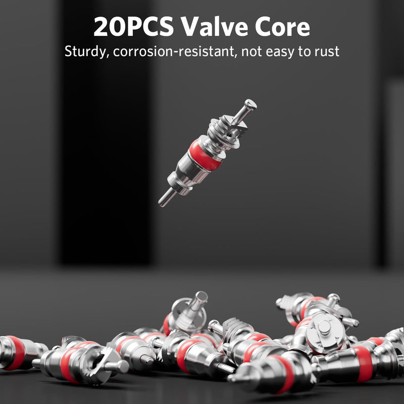 Valve Core Remover Installer Tool with Dual Size SAE 1/4 and 5/16 Port Brass Adapter, Schrader Valve Tool for R22 R410a Refrigerant Systems with 20pcs Valve Cores