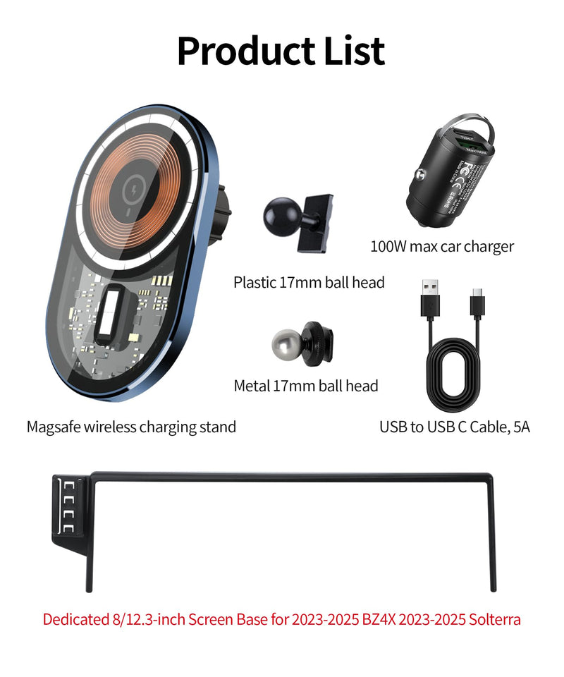 Wireless Charging car Phone Holder for Toyota BZ4X 2023-2025/Subaru Solterra 2023-2025 Accessories 8/12.3 inch Screen Fixed Clip,360° Rotation car Phone Mount Compatible with MagSafe
