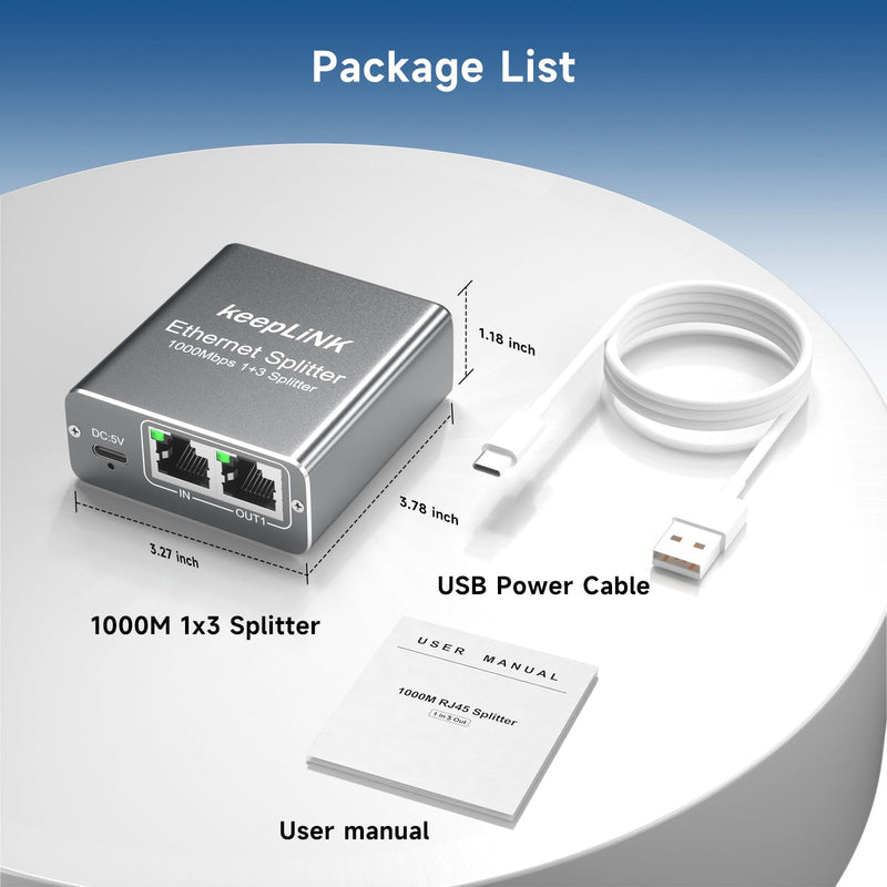 Gigabit Ethernet Splitter 1 to 3, Network Splitter with USB Power Cable, 1000Mbps RJ45 Internet Adapter 1000Mbps High Speed for Cat 5/5e/6/7/8 Cable Metal Case