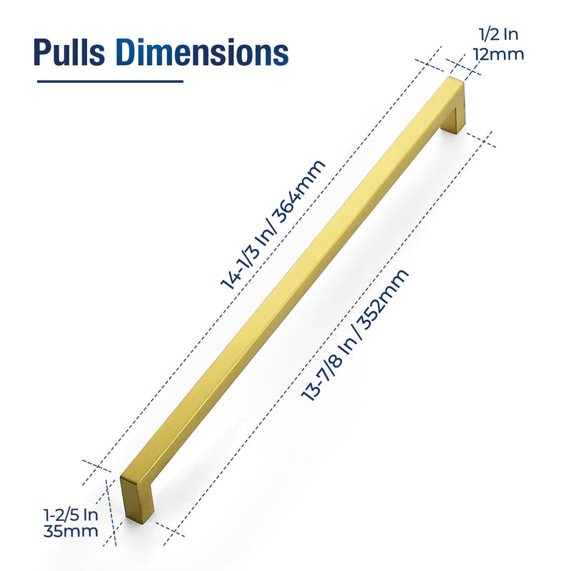 JOY DECOR 5 Pack Cabinet Handles, Gold Cabinet Pulls, 13-4/5 Inch Kitchen Handles Square Drawer Pulls Stainless Steel Drawer Hardware Handles, 352mm Hole Centers 13-4/5 Inch Hole Center