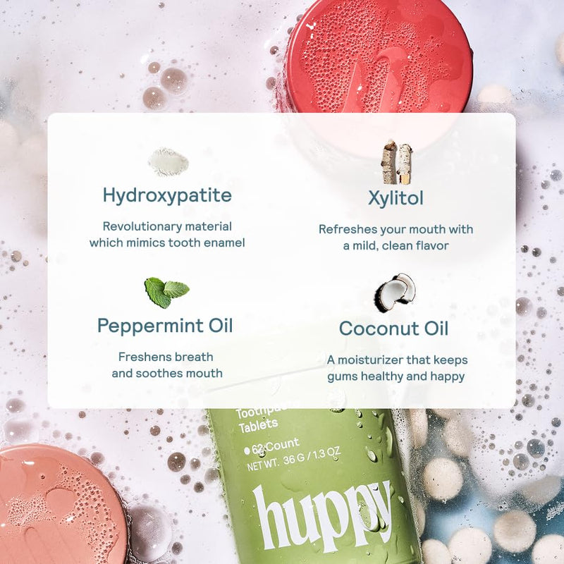 Huppy Toothpaste Tablets, Nano Hydroxyapatite, Fluoride Free and Plastic Free, Natural Whitening, Remineralizing, SLS Free, Bulk Supply, Peppermint Flavor (248 Count) 4 Month Refill (No Refillable Tin)