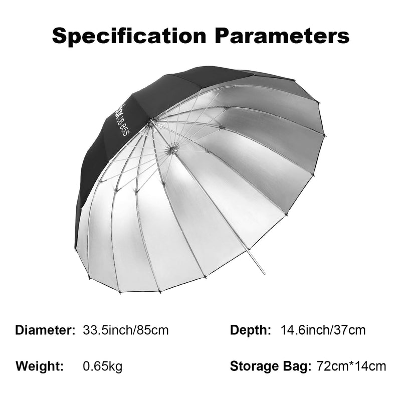 Godox UB-85S 33.5in/85cm Parabolic Reflective Umbrella, Black Silver Photography Umbrella with Carry Bag Portable for Vedio Studio Shooting Speedlite