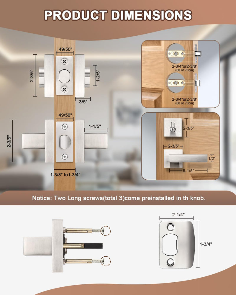 KNOBWELL 1 Pack Passage Door Handle with Deadbolt, Brushed Nickel Double Cylinder Deadbolt Lock Square Front Door Lock Double Cylinder Deadbolt with Passage Lever