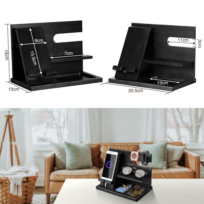 Gifts for Men Bedside Organiser Wood Phone Docking Station Dad Birthday Gifts for Him Nightstand Key Wallet Watch Stand Mens Gifts for Xmas Presents for Dad Husband Boyfriend Anniversary & Christmas Deep Black-1