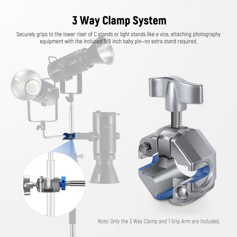 NEEWER 3 Way Clamp with 4.1in/105mm 5/8" Baby Pin Stud for 1"-1.4"/25-35mm Tube C Stand Boom Arm Grip Arm Photography Light Stand, Stainless Steel for LED Video Light Flash, Max Load 22lb/10kg, UA045
