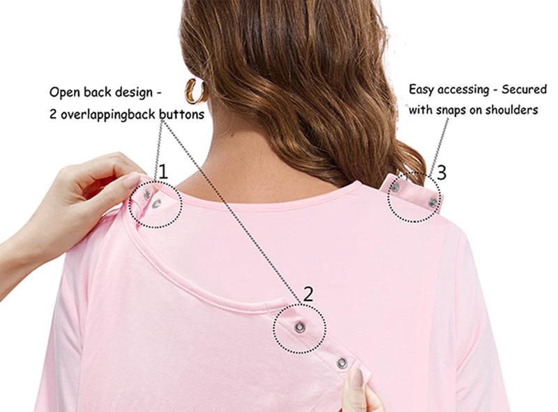 AVIIER 100% Cotton Hospital Gowns for Women Open Back Tear Away Post Shoulder Surgery Dress Adaptive Clothing Nightgowns Medium Pink