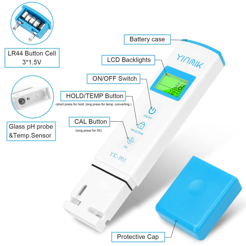 YINMIK Digital pH Meter TDS Meter Combo Accurate Measurement for pH TDS EC Temp with ATC, 2nd Generation Water Quality Tester with Horizontal Display for Hydroponic Swimming Pool Aquarium Blue pH TDS EC Meter