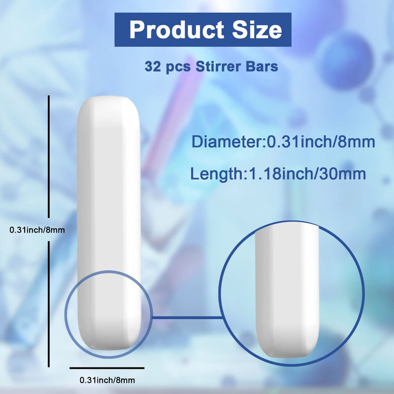 ONiLAB 32PCS 8 * 30mm White Cylindrical Magnetic Stirrer Mixer Stir Bars, Laboratory Magnetic Stir Bar Set 8*30mm 32