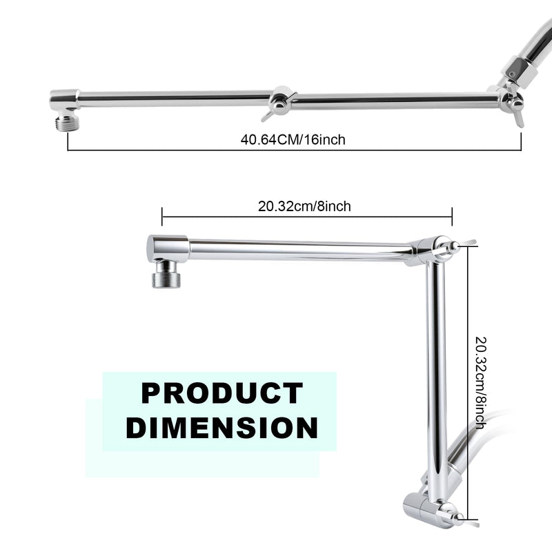 Shower Head Extension Arm, 16 Inch Solid Brass Adjustable Extender with Lock Joint, Height & Angle Adjustable Shower Arm for Rainfall or Fixed Shower Head, G1/2 Connector (Chrome) Chrome
