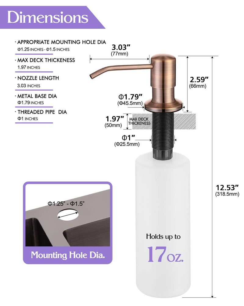 Soap Dispenser for Kitchen Sink, Built in, Stainless Steel (Copper), Pump Set Dish or Lotion, Refill from The Top,Kitchen CounterTop 17 OZ,Built-in Copper Bronze