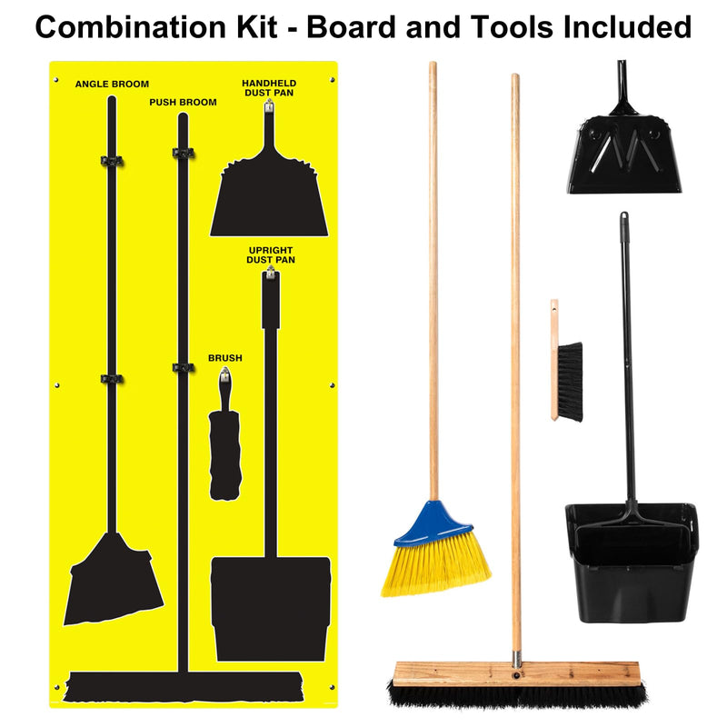 Clean & Sweep 5S Shadow Board/Wall Mount Broom Holder, 68" x 30" Board, 5S Cleaning Station - with Broom and Dustpan Set Included, Made in The USA by AccuformNMC, Yellow/Black, PSB616YLBK Max-Duty Aluminum