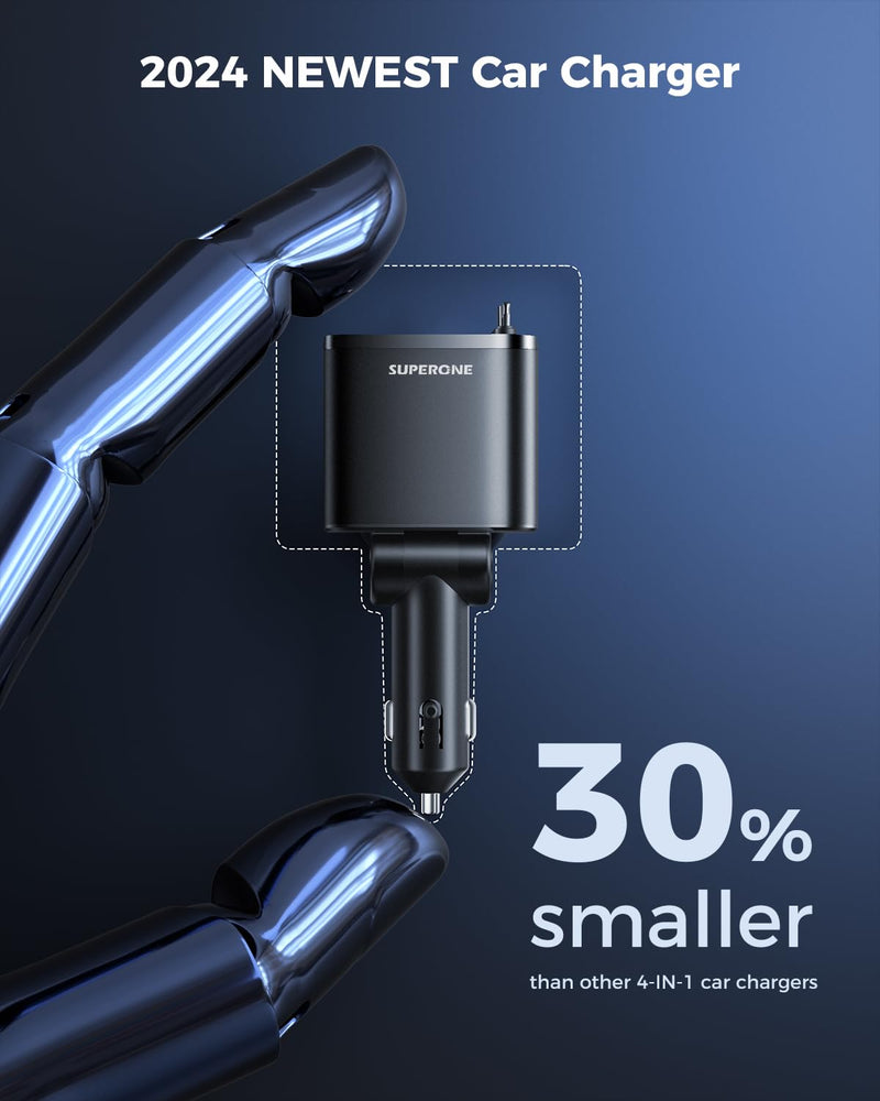 [2024 Upgraded] 4 in 1 Retractable Car Charger, SUPERONE Smaller Fast Car Phone Charger 69W with Cord, USB C and Lightning Car Charger Adapter, Compatible iPhone 15/15 Pro Max/14/13/12/11, Sumsung Black