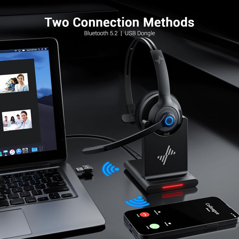 Bluetooth Headset - Wireless Headset with Noise Cancelling Microphone, V5.2 Computer Headphones with USB Dongle, Charging Base & Mic Mute for Work/Call Center/PC/Laptop/Online Class/Zoom Black