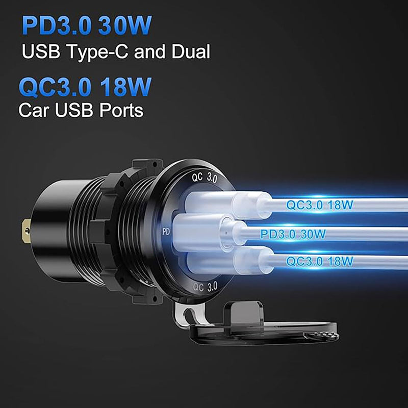 2 pack 12V USB Outlet Wire Aluminum Car Charger Multi Port, Dual USB Quick Charge 3.0 Port and PD USB C Socket with Voltmeter Switch for Car Boat Marine Truck RV, Fast Charge for Phones iPad, etc.