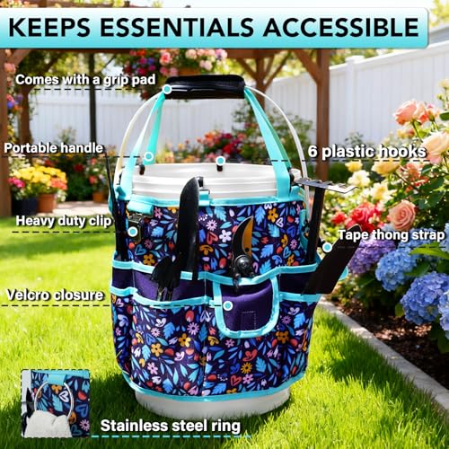 KUNN Garden Tool Organizer Belt Multifunctional Work Apron Pouch for Gardeing Florist Plumbing,Black + Bucket Tool Organizer 5 Gallon with Hangable Handle 18-Pocket Detachable Bucket Bag