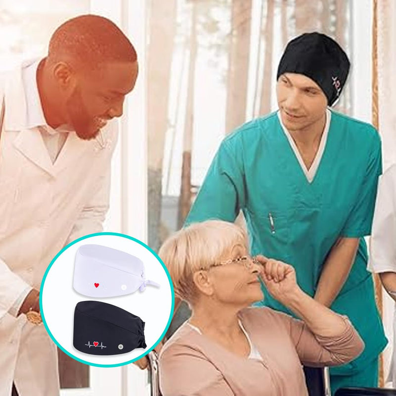 Pack of 2 Surgical Caps, Fabric, Surgical Caps, Women, Nurse Accessories for Doctors, Doctor Headwear, Comfortable and Stylish Cover for Medical Procedures (Black + White)