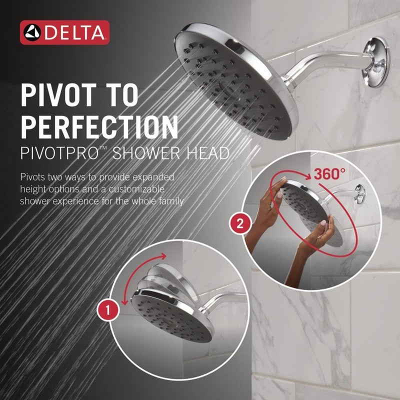 Delta PivotPro Chrome Rain Showerhead, Single Setting 7 Inch Round Shower Head, Showerheads, 1.75 GPM Flow Rate, Chrome 75103 Silicone Spray Face