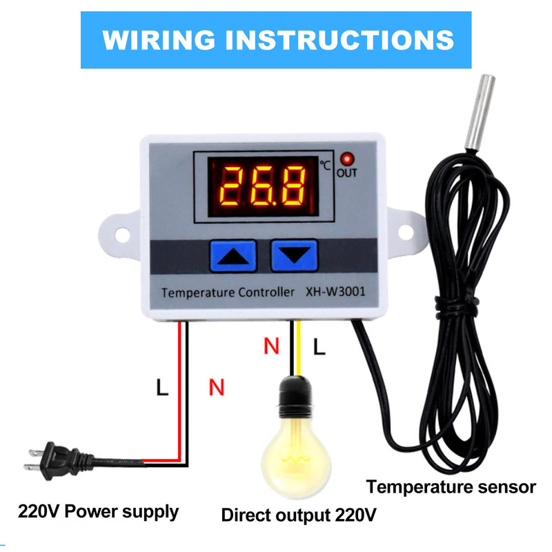 Pack of 3 digital temperature controller: XH-W3001 digital thermostat with sensor, waterproof probe, AC110V-220V temperature switch, LCD display, heating, cooling