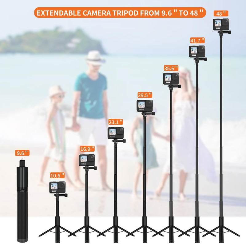 KONPCOIU 48" Invisible Extendable Camera Selfie Stick for Insta360, one x2 x2 x3 RS GO3 Gopro Max Hero 12 11 10 9 8 7 6 5 and Other Action Cameras with 1/4" Screw Mini Portable Camera Tripod 45inch