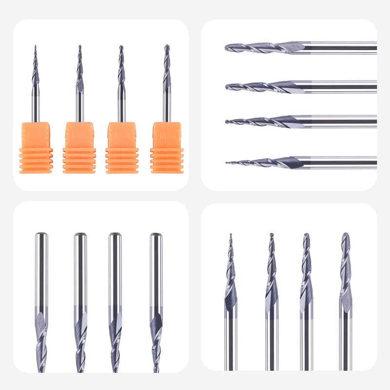 SpeTool Set of 4 2 Flute Ball End Mills with Conical Tip Milling Cutter CNC Engraving R0.25 mm - 1.0 mm 3.175 mm (1/8 Inch) Shank Solid Carbide Cutter for Router with TiAlN Coating for 2D 3D Engraving