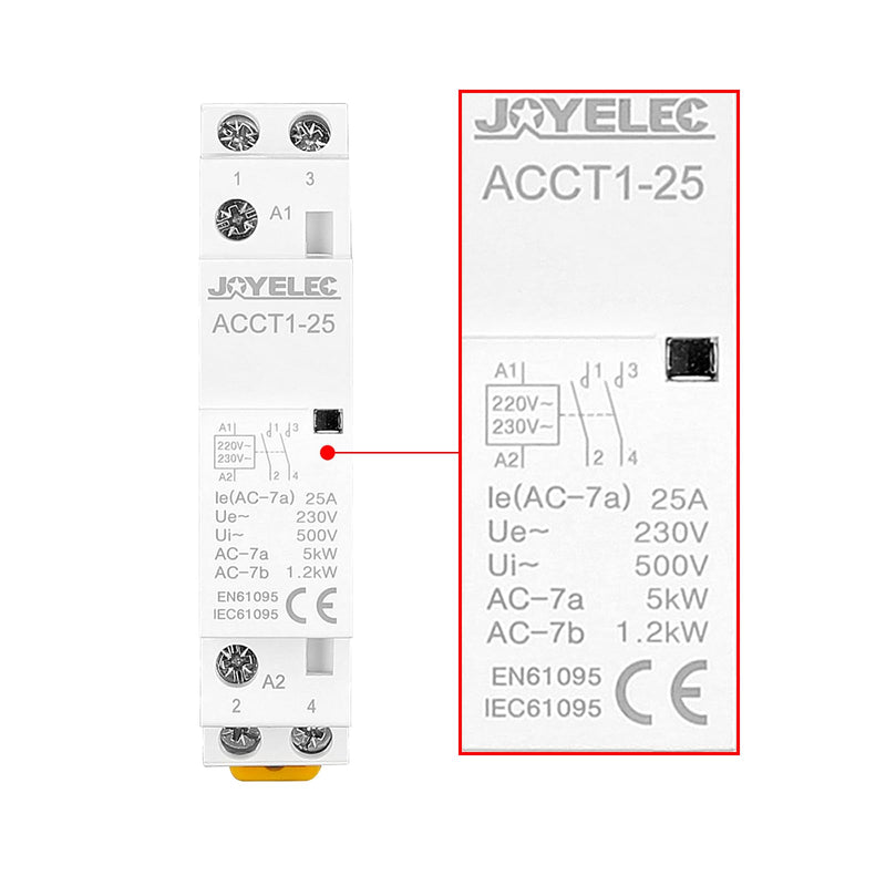 JOYELEC Household AC Contactor, 2P 25A 2NO（2NO）, Automatic, AC220V/230V, 50/60Hz, 2-Pin, Two-Way, Normally Open, 35mm DIN Rail Mount ACCT1-25(2NO)
