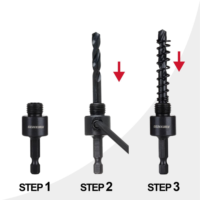 GEINXURN General Quick-Change Hole Saw Mandrel Kit, Includes 7/16-inch and 3/8-inch Arbor, 3 Pilot Drills, 2 hex Wrenches,Springs with 8“-3/8 inch and 10”-1/2 Inch Hex Shank Locking Impact Extension GHSM038LX2EC
