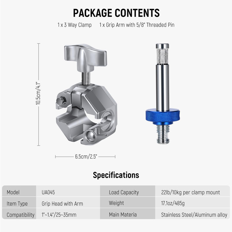 NEEWER 3 Way Clamp with 4.1in/105mm 5/8" Baby Pin Stud for 1"-1.4"/25-35mm Tube C Stand Boom Arm Grip Arm Photography Light Stand, Stainless Steel for LED Video Light Flash, Max Load 22lb/10kg, UA045