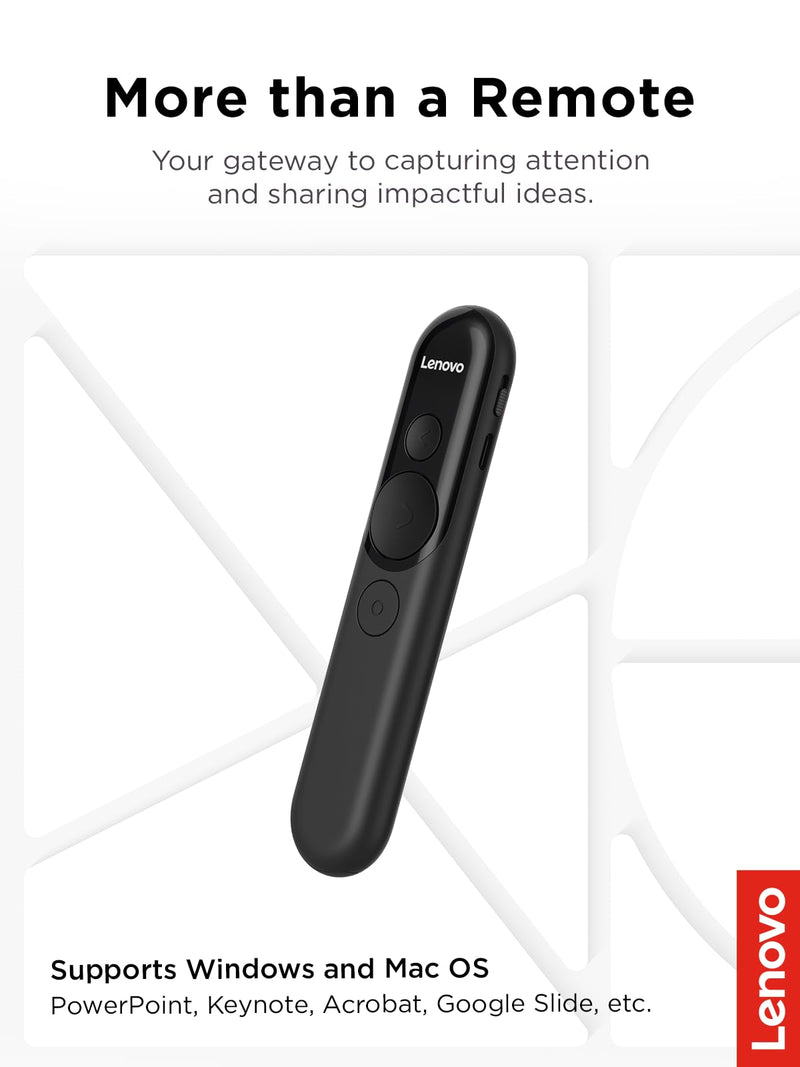 Lenovo Laser Rechargeable Presentation Remote, Bluetooth & USB, Digital & Laser Pointer, LCD Screen, Rechargeable Battery, 30M Range, Black, 500mm Cable Length