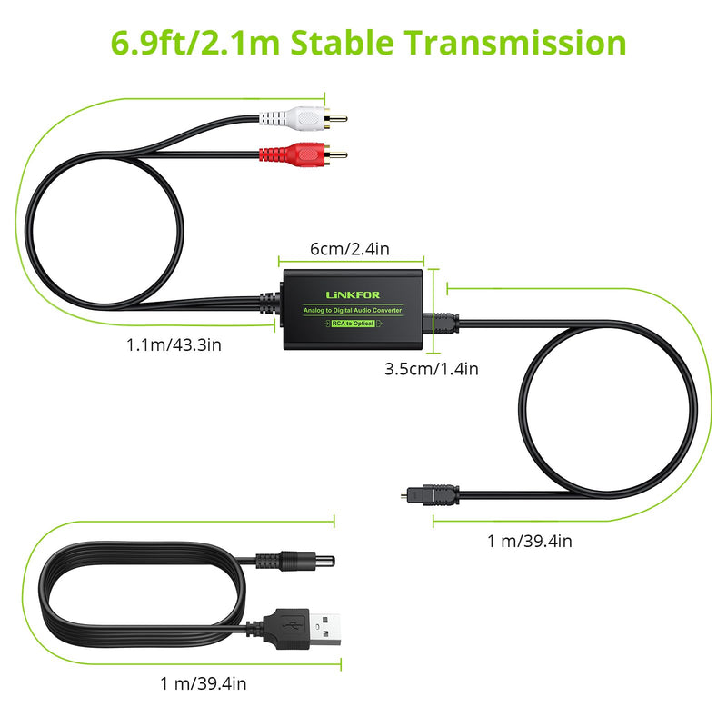 LiNKFOR Analog to Digital Audio Converter RCA to Digital Toslink SPDIF Optical Audio Converter with Optical Cable for Turntable CD DVD to Soundbar RCA to SPDIF