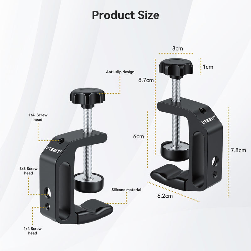 UTEBIT Universal C-Table Clamp with 1/4" and 3/8" Thread, Aluminum Support Clamp Desktop Mount Holder for Range 0.36"-2", Versatile Desk Clamp for LCD Monitor Flash Carts Benches Worktables 0.36-2.0 inch 2