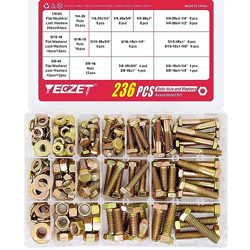 236PCS Grade 8 Heavy Duty Bolts and Nuts Washers Kit, 1/4-20 5/16-18 3/8-16 Hex Bolts Nuts Assortment Kit, Includes 13 Most Common Sizes 1/4-20 5/16-18 3/8-16--Bolts and Nuts Kit (236PCS)