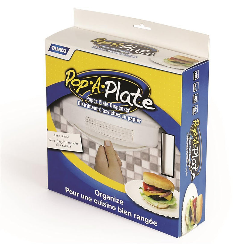 Camco 9-inch Pop-A-Plate Plastic Plate Dispenser | Ideal for Compact Spaces, RVs and Trailers | Mounts Under Cabinets or Shelves | White (57001)