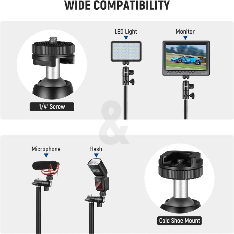 NEEWER 2 Pack Light Stand Mount Adapter with Cold Shoe, 1/4" Screw Mini Ball Head, Reversible Mount Plate for Camera Monitor Ring Light, Fits Flat Head Light Stand/Boom arm/C Stand, Max Load 22lb/10kg