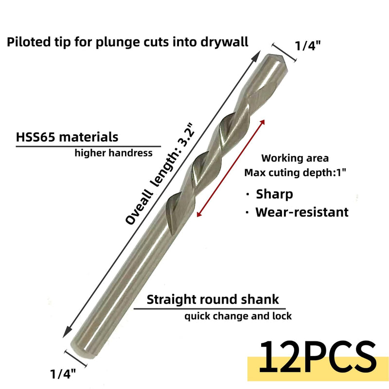 12 Pieces 1/4 Inch Drywall Cutting Tools Guide Point Cutting Bits,HSS65(M2) Materials Drill Bits, Cutting Drywall, Used for with Spiral Saw and Power Tools 12pcs 1/4"