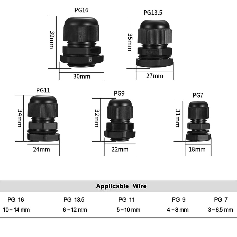 25 piece cable gland set, adjustable cable gland, waterproof, nylon cable glands with locking nuts, black cable connectors - PG7/PG9/PG11/PG13.5/PG16