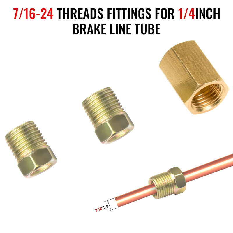 Brake Line Fittings for 1/4 inch Brake Line Tube, 7/16-24 Threads, 15 Pieces (5 Unions, 10 Nuts) 15pcs for 1/4 tube