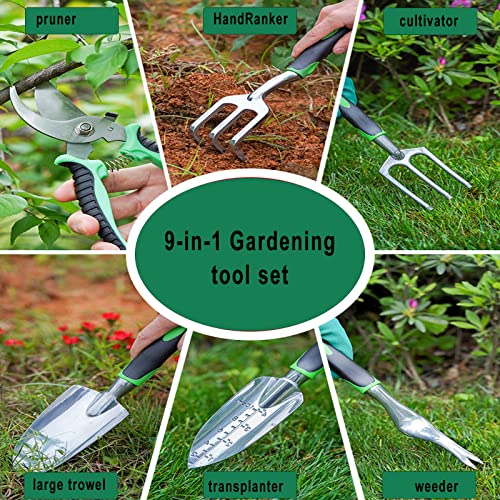 Garden Tool Set with Non Slip Rubber Grip,9 Piece Stainless Steel Gardening Tool Sets,Heavy Duty Outdoor Hand Tools Durable Storage Tote Bag,Uprooting Weeding Tool, Gifts for Women Men Children Green