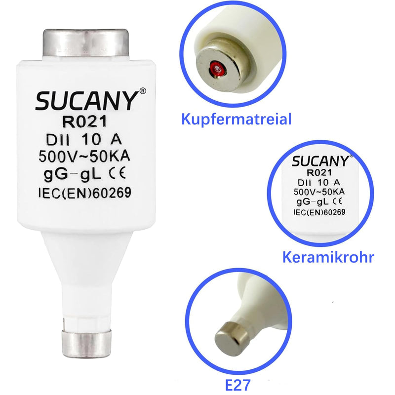 R021 DII E27 Ceramic Fuse Inserts, 10A, 500V, 50kA, gG (Pack of 10) | Diazed Fuse Inserts, 10 Amp Spiral Fuse, for Electrical Appliances in the Home and Industry