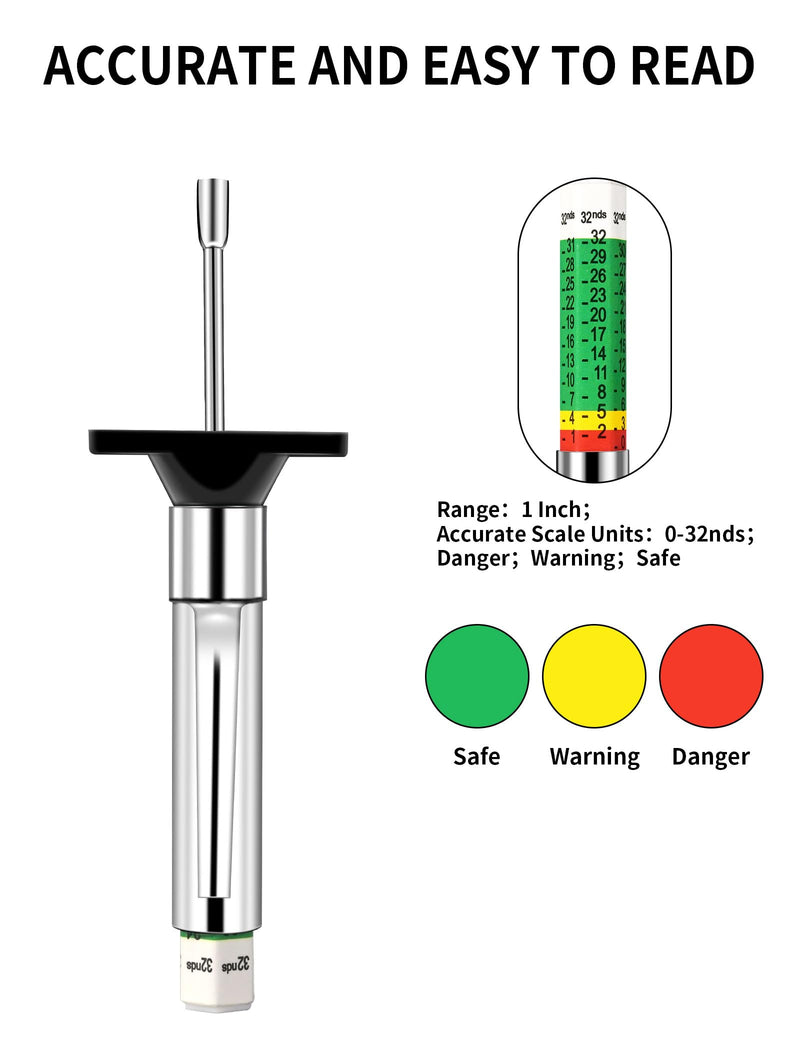 2 Pack Tire Tread Depth Gauge Kit, Metal Pencil with Clip, 1'' Within 1/32 Inch Accuracy for Car, Truck, SUV, Motorcycle, Bike, 2 Valve Caps, Portable Bag.