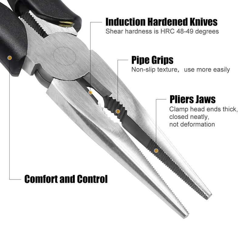 Premium Long Needle Nose Pliers- 8” & 6‘’, Paper Clamp Precision, High Carbon Steel, Soft Grip with Wire Cutter, Long Nose Cutting Pliers for Home, Fishing, Jewelry, Crafts,2pcs