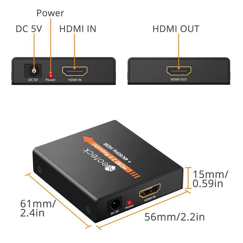 Neoteck HDMI 2.0 Repeater 4K 2160P 3D HDMI Signal Amplifier Repeater Boost Up to 196ft Transmission Distance Mini Size Metal Shell for PC DVD Sky HD Box PS3 PS4 Satellite Box