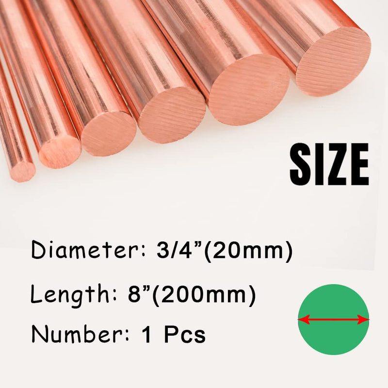 1Pcs Pure Copper Round Rod 3/4"(20mm) Dia 7.87" Length Bare Copper Cu Metal Rod for Metal Craft Hobbies 3/4" Dia 8"Length