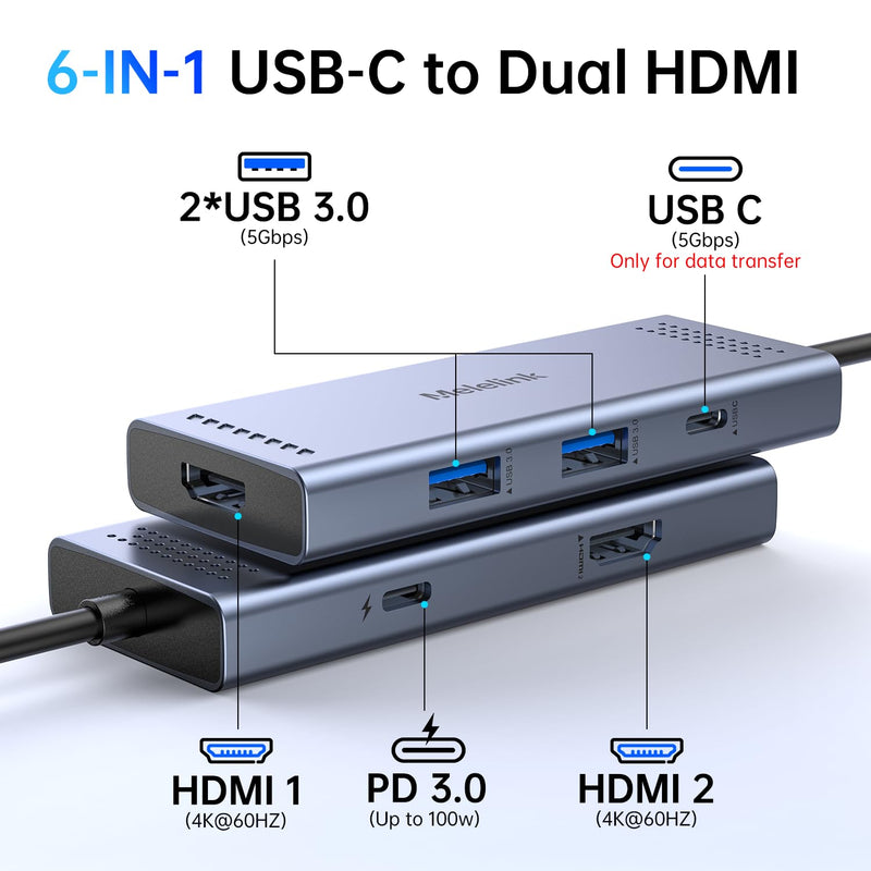 Docking Station to Dual HDMI Monitor, USB C to Dual HDMI Adapter, USB-C HUB with 2xHDMI Ports 4K 60Hz, 100W PD Charging, USB-A&C 3.0, Laptop Docking Station Compatible with Dell, HP, Lenovo, and More 6 in 1