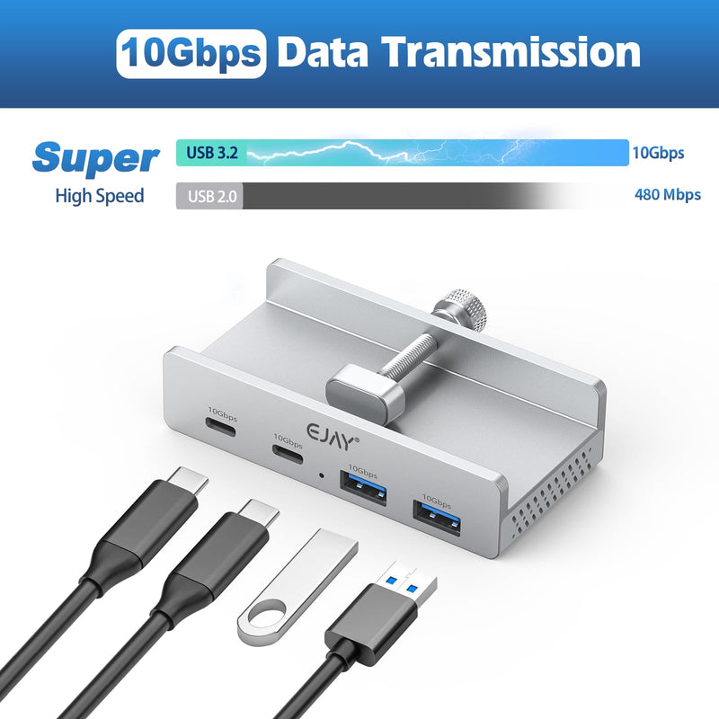 EJAY 4Ports 10Gbps USB-C HUB USB3.2 Clamp USB HUB Splitter,Mountable USB-C Adapter with Data & Power Cable for iMac 2021 and later-10Gbps(Silver) Silver