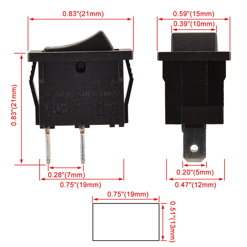 Heschen Pack of 5 Black Rectangular Rocker Switch ON-OFF SPST 2 Position 2 Terminal 6A 250VAC/125VAC UL VDE