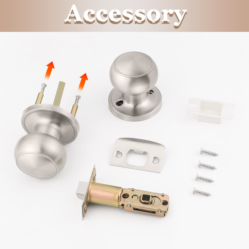 Probrico 2 Pack Interior Door Knobs - Brushed Nickel Passage Handles, Keyless Closet Door Knobs, Silver Stainless Steel Finish Satin Nickel